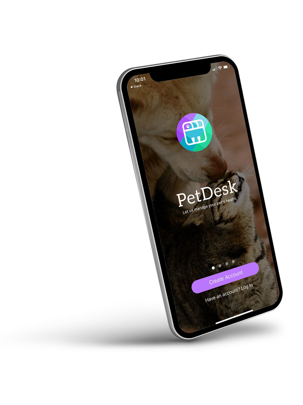 A mobile device with the PetDesk app open on the screen. 